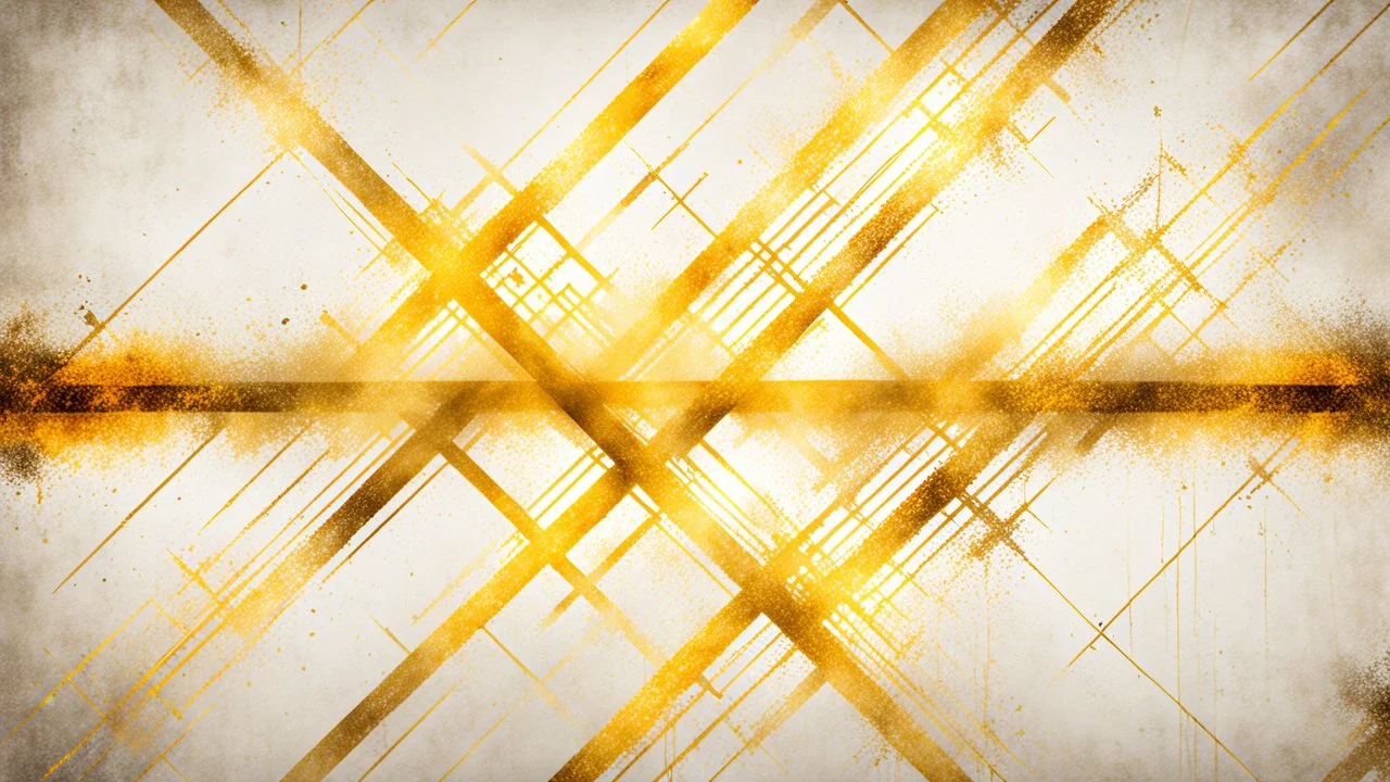 Hyper Realistic Yellow & Beige Intersecting Lines With Glowing Golden Embers On Off-White Grungy Background.