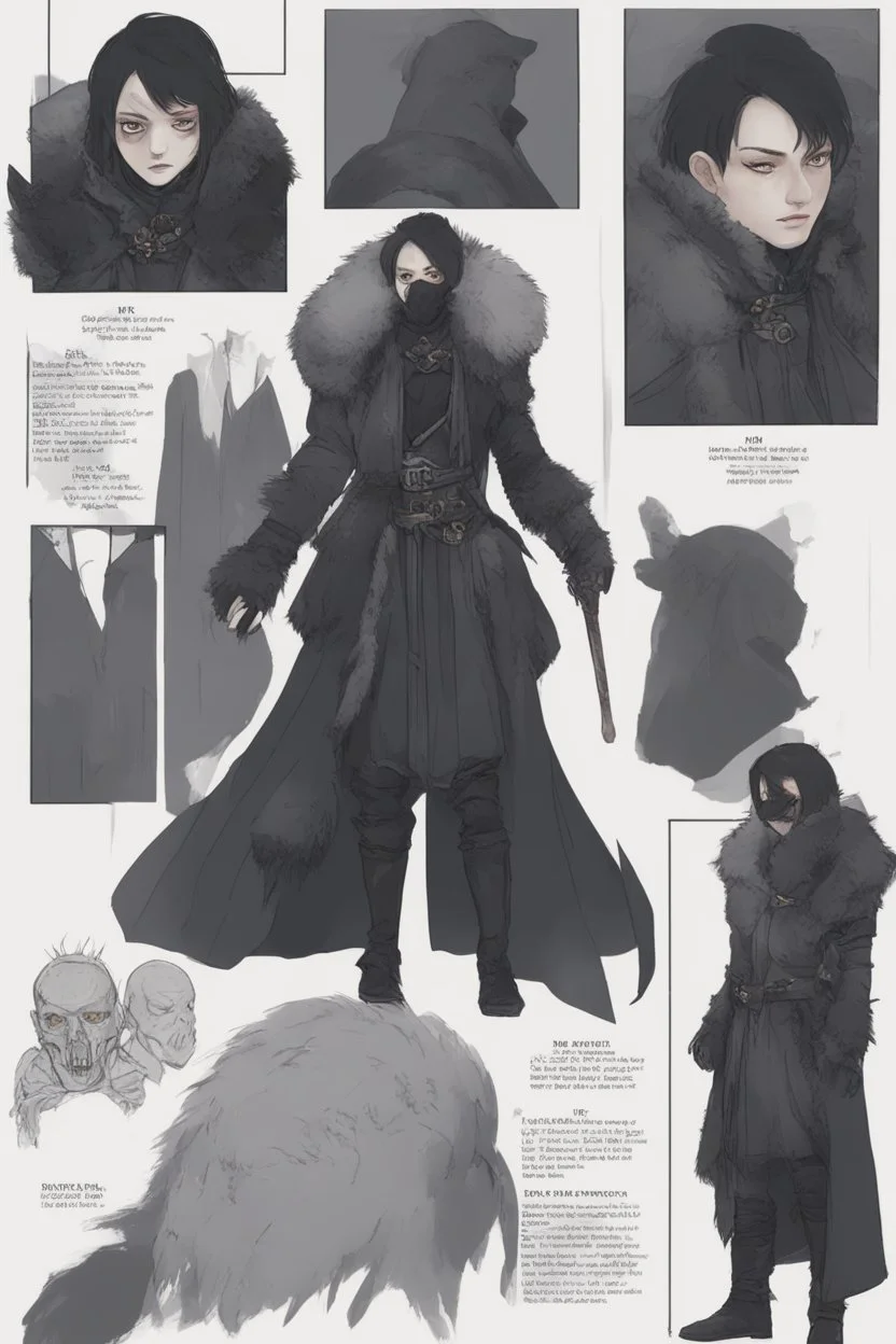 A dnd character sheet. A woman dressed for the cold north dressed in dark furs, with black hair. Death cleric wearing a mask