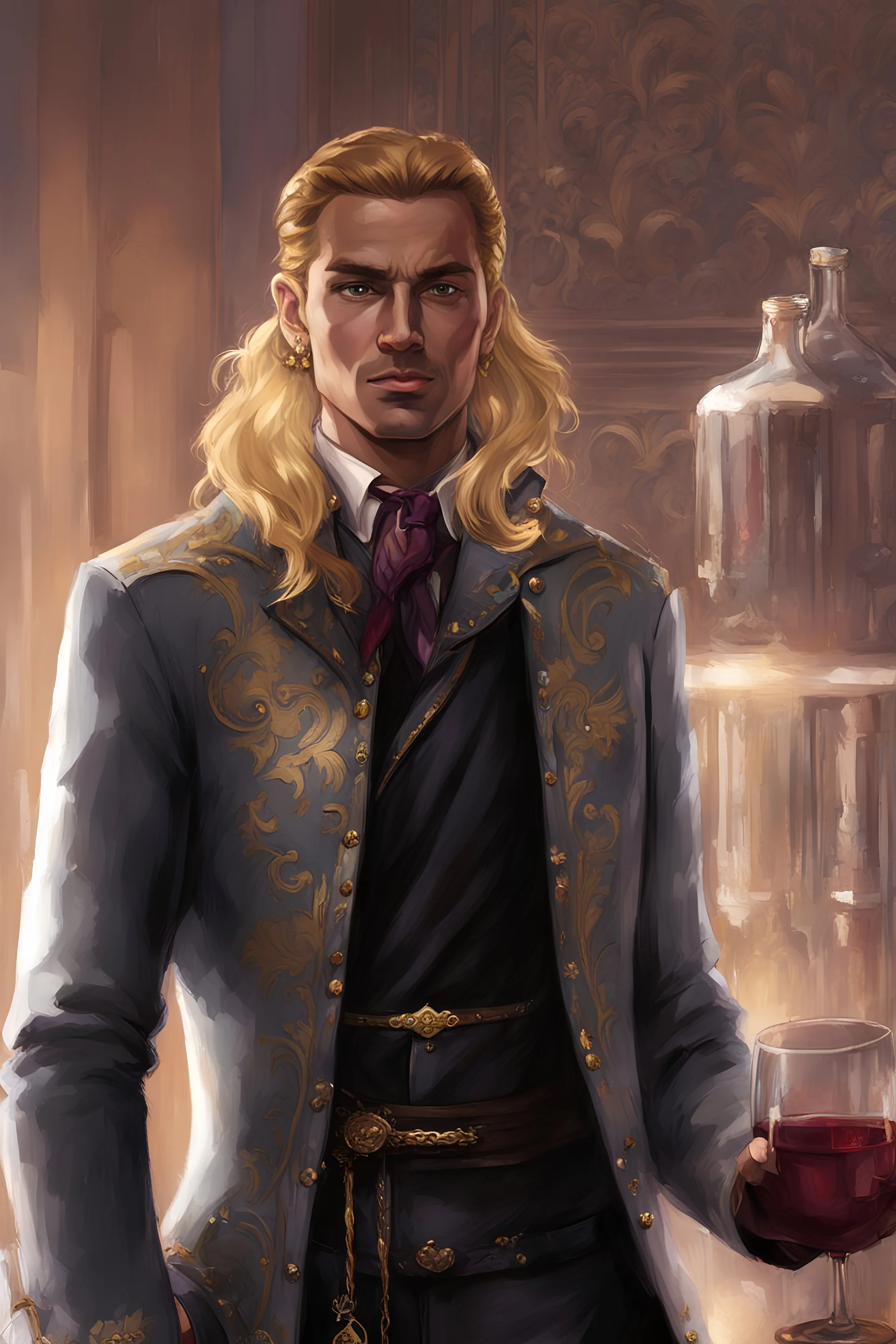 male, aasimar, brown skin, tanned, blonde long hair, pony tail, green eyes, large iris, slender, light blue aristocrat coat with golden motif, dark purple shirt, brown expensive pants, brown boots with golden decoration, holding wine in a glass, single character, high class party background, smirking, realistic, realism