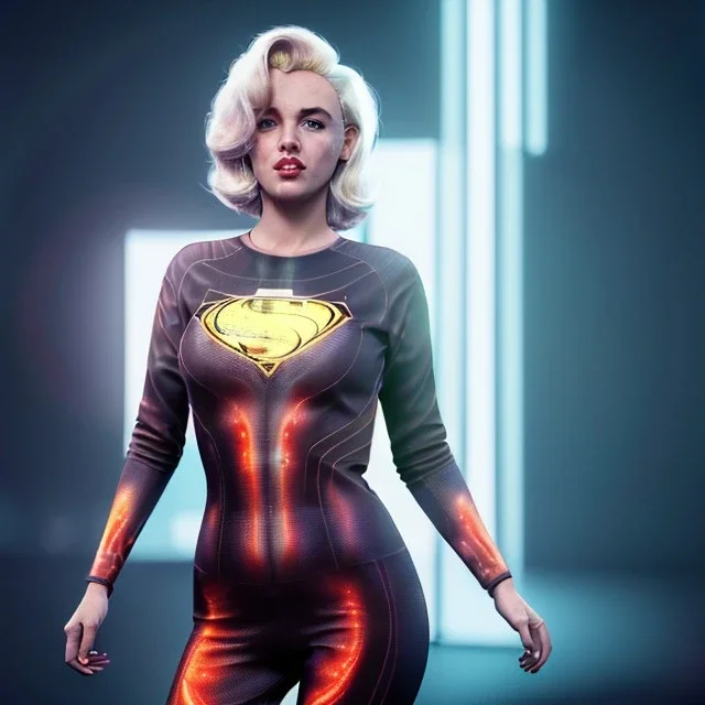 Realistic image classic superhero portrait, waist up view, blonde woman, sweet Marylin Monroe face, perfect iris, glow eyes. lycra tights suit, epic style, vibrant color, highly detailed, unreal engine 5, ray tracing, RTX, lumen lighting, ultra detail, volumetric lighting, 3d, finely drawn, high definition, high resolution.