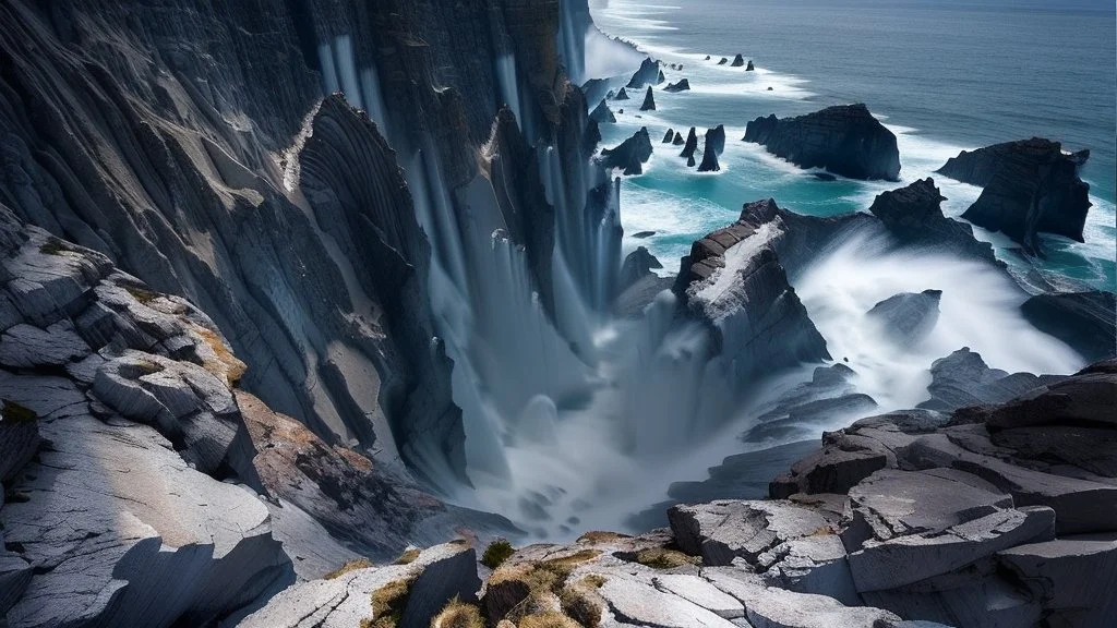 This mesmerizing ocean cliff scene captures the dramatic power and beauty of nature. Towering rugged cliffs stand majestically against the vast expanse of the ocean, where the water pours into a singular bottomless pit. The cliffs, with their sharp and jagged edges, create a stark contrast to the rough, flowing water, making the scene even more captivating. Sunlight pierces through the mist rising from the waterfalls, creating a magical, ethereal atmosphere