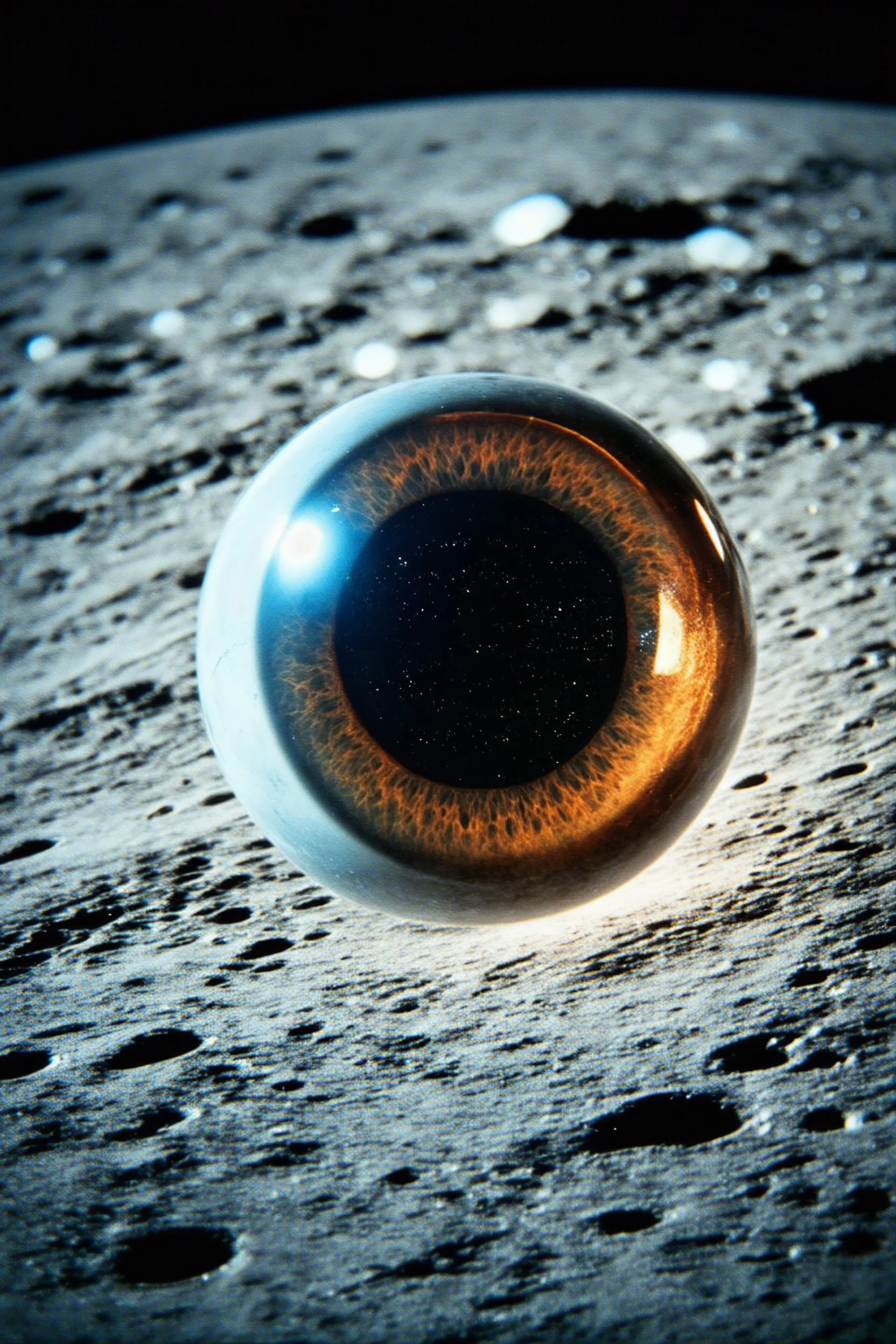 glassy eye like a ball, on the moon, old kodachrome, scratches, bokeh
