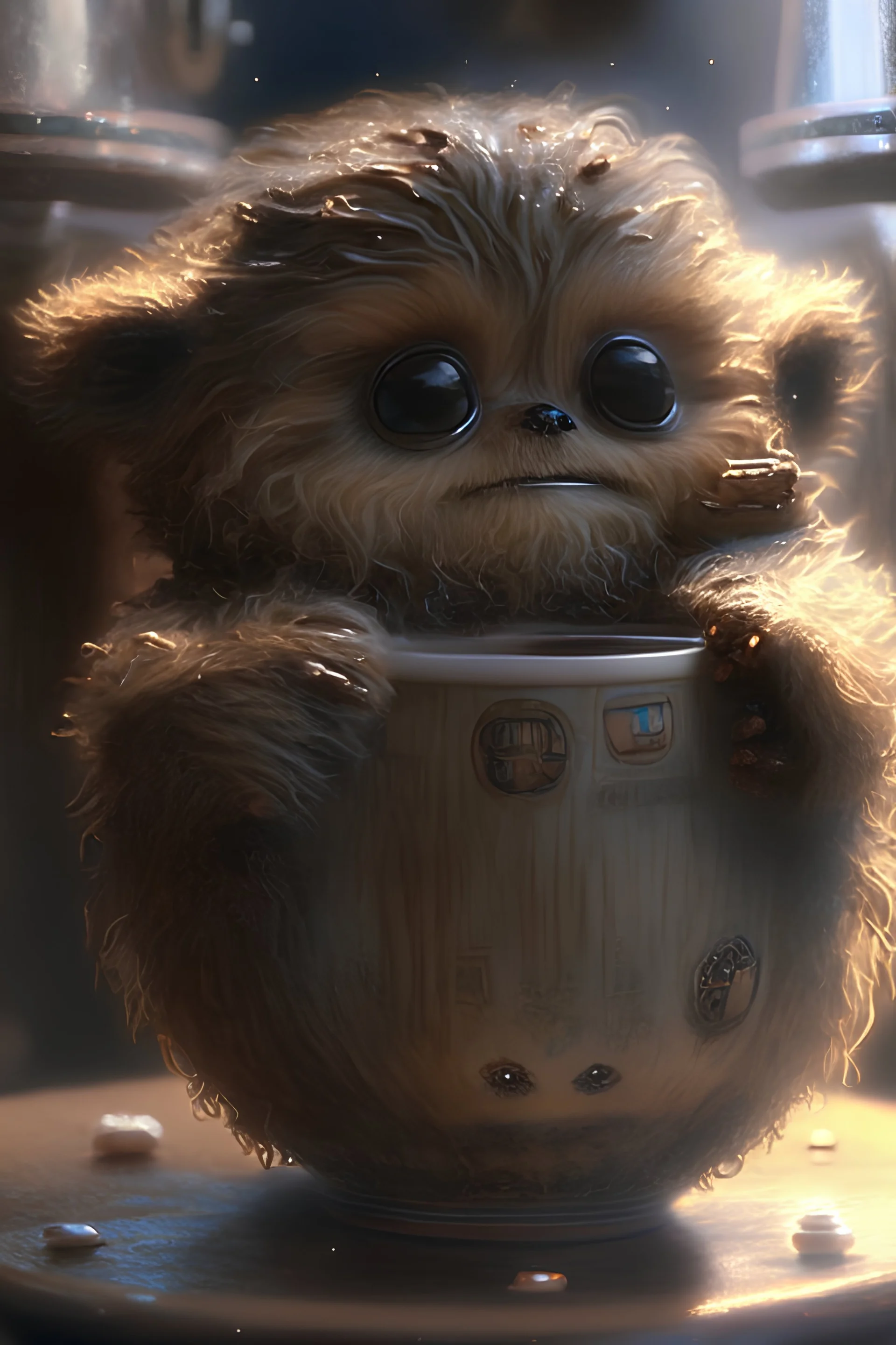 "the star wars wookie big cute eyes and looks so cute inside a tea cup detailed digital art by greg rutkowski, thomas kinkade and keith parkinson, artstation, cgsociety, 8 k, hd"