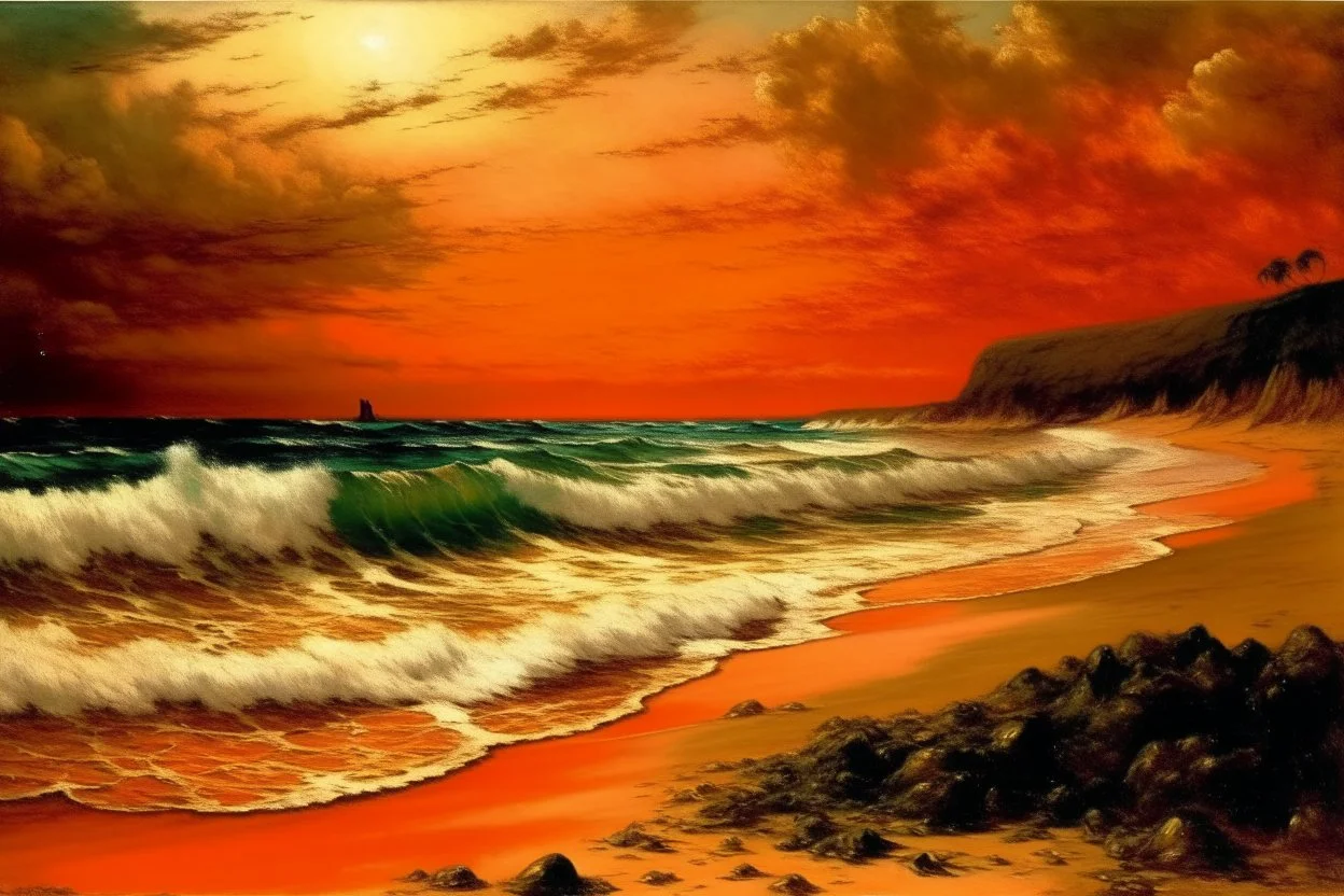 An orange colored beach with a seashore painted by Gustave Courbet
