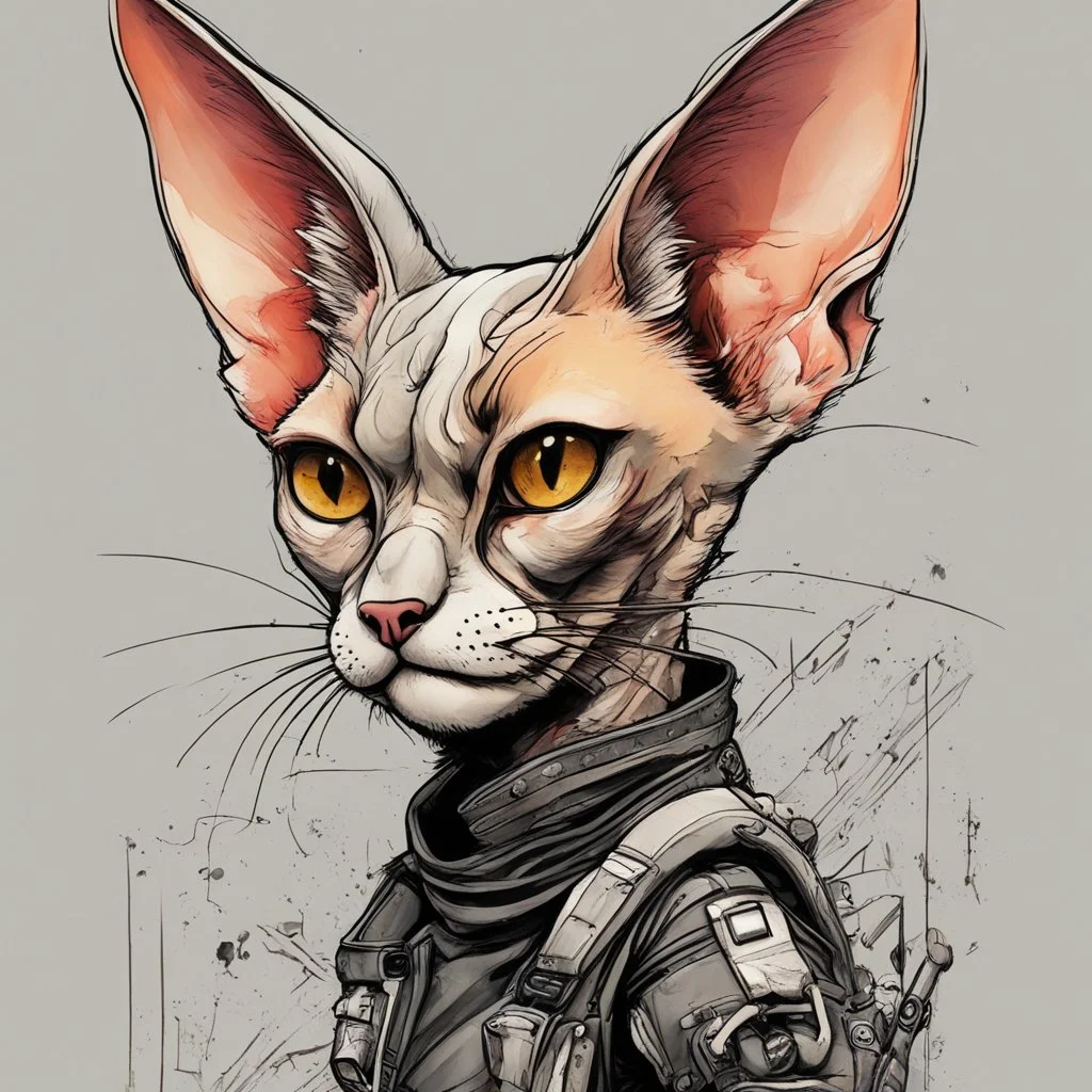 create a wild caricature of a ragged streetwise cyberpunk female mercenary Sphinx cat, highly detailed with refined feline features in the cartoon caricature style of Gerald Scarfe and Ralph Steadman precisely drawn, boldly inked, vividly colored, 4k