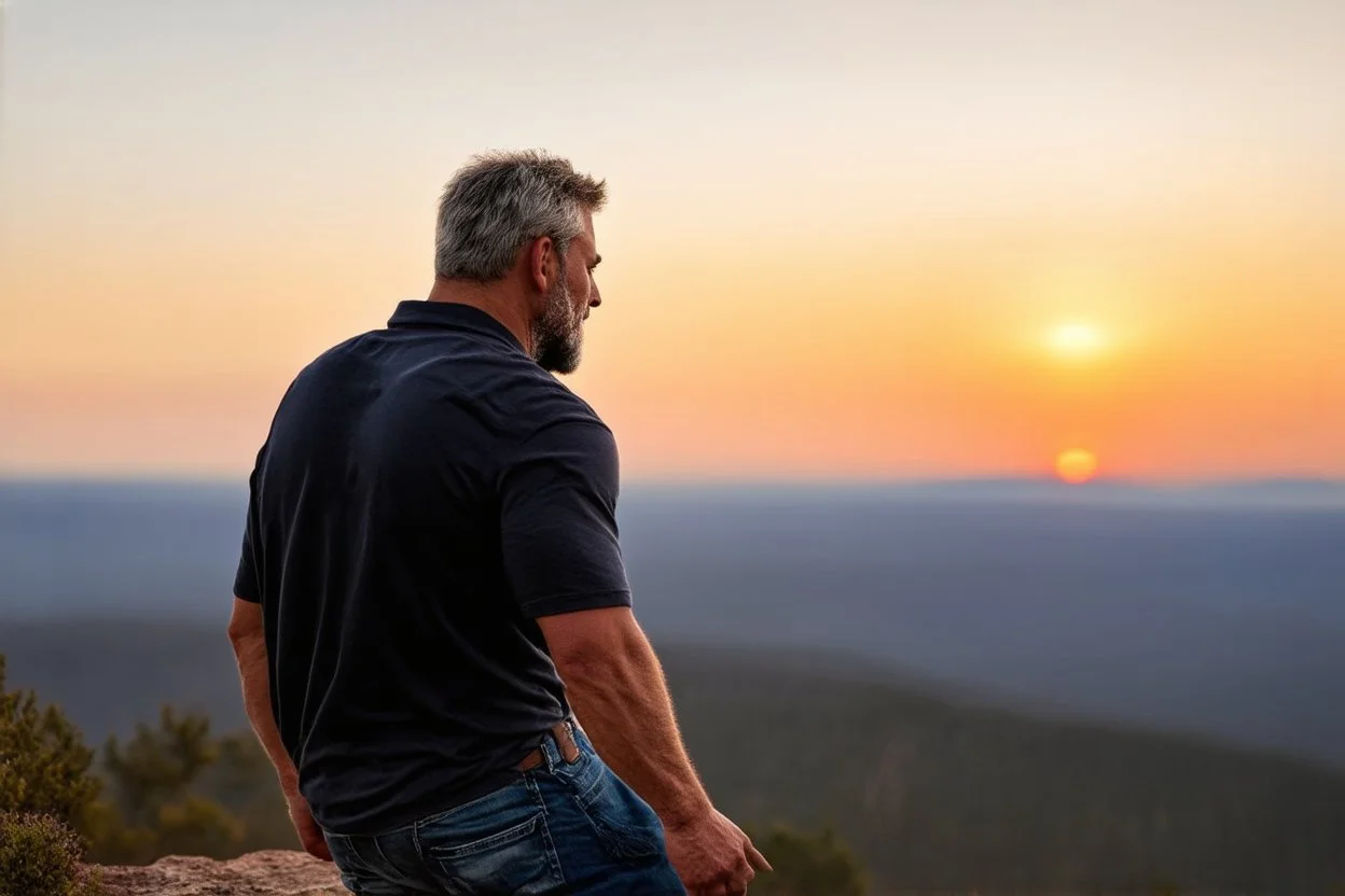 a brawny man with grey hair views sunset from a cliff