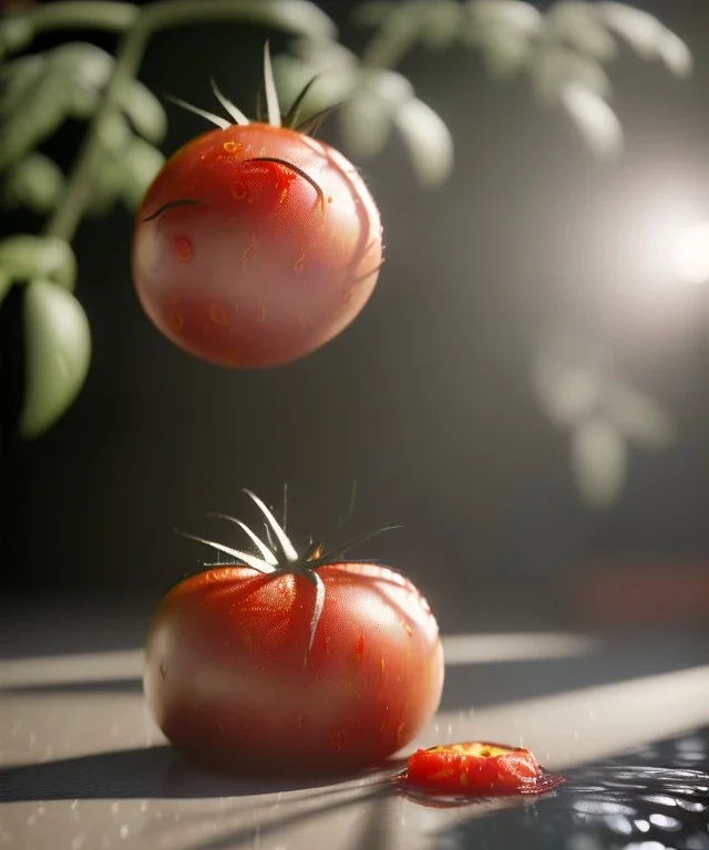 wet tomato, white background, eye level view, long shot, realistic image, smooth, god rays, unreal engine 5, ray tracing, RTX, lumen lighting, ultra detail, volumetric lighting.