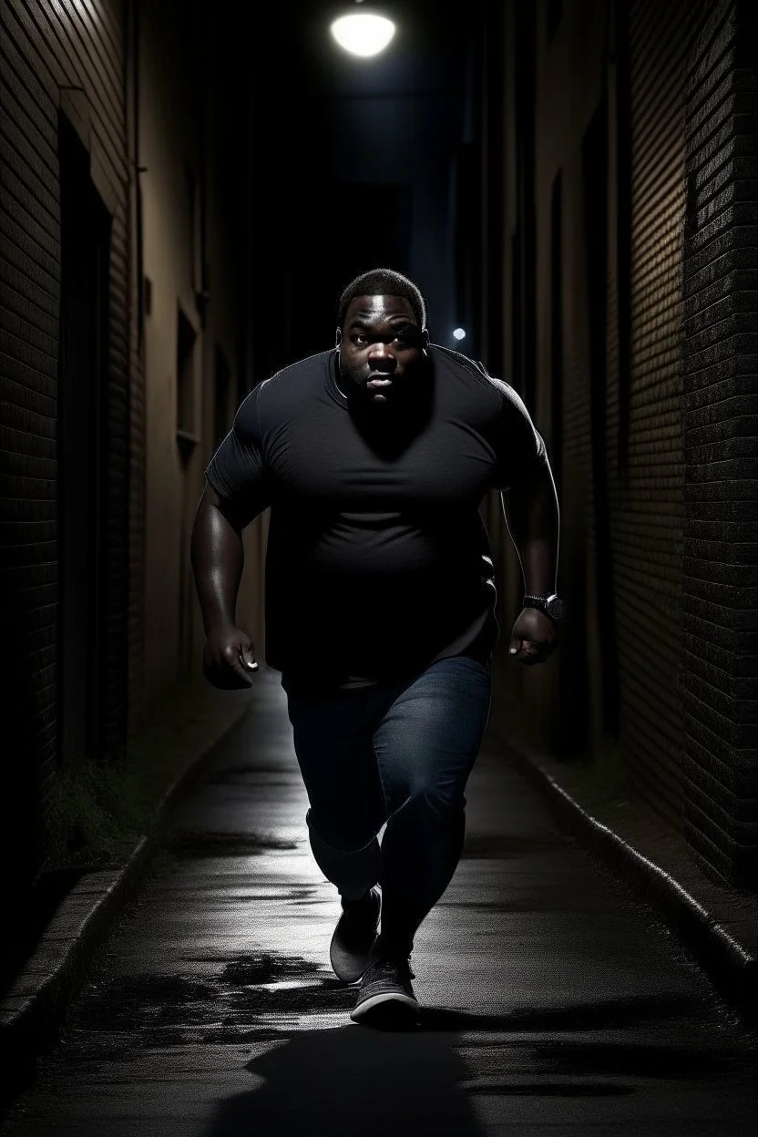 Big fat black man running in a dark alleyway in the distance