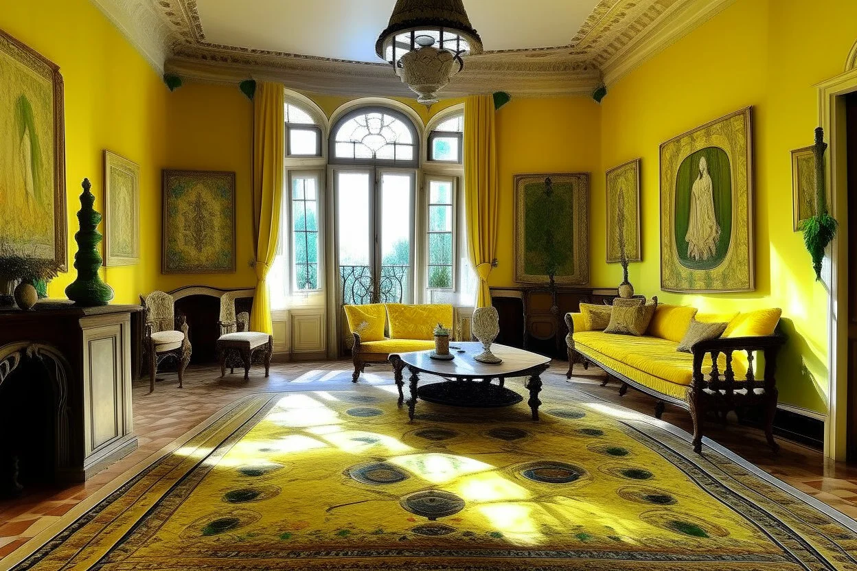 A light yellow heavenly chateau with halos designed in Moroccan rug art painted by Vincent van Gogh