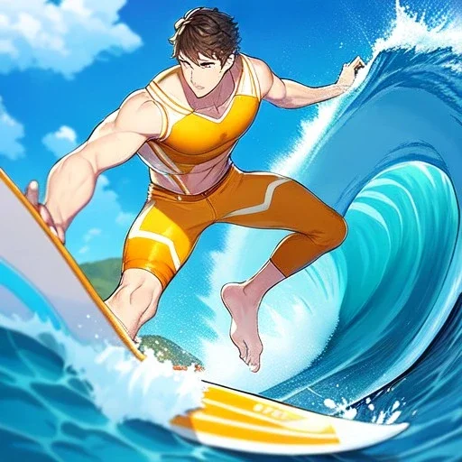 anime boy, surfer boy, surf, waves, perfect wave, orange swim shorts