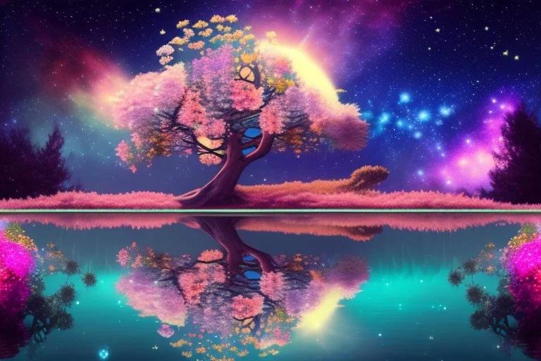 tree, water reflection, flowers, galaxy, cosmos, science fiction, epic scene.