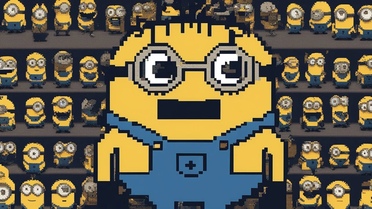 Minions from despicable me in the theme of 8 bit