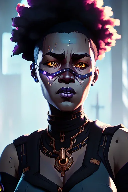 portrait,beautiful black woman, afro hair, post-apocalyptic in a cyberpunk city, realistic, intriacte detail, sci-fi fantasy style, volumetric lighting, particales,highly detailed,cinamatic, deep colours,8k