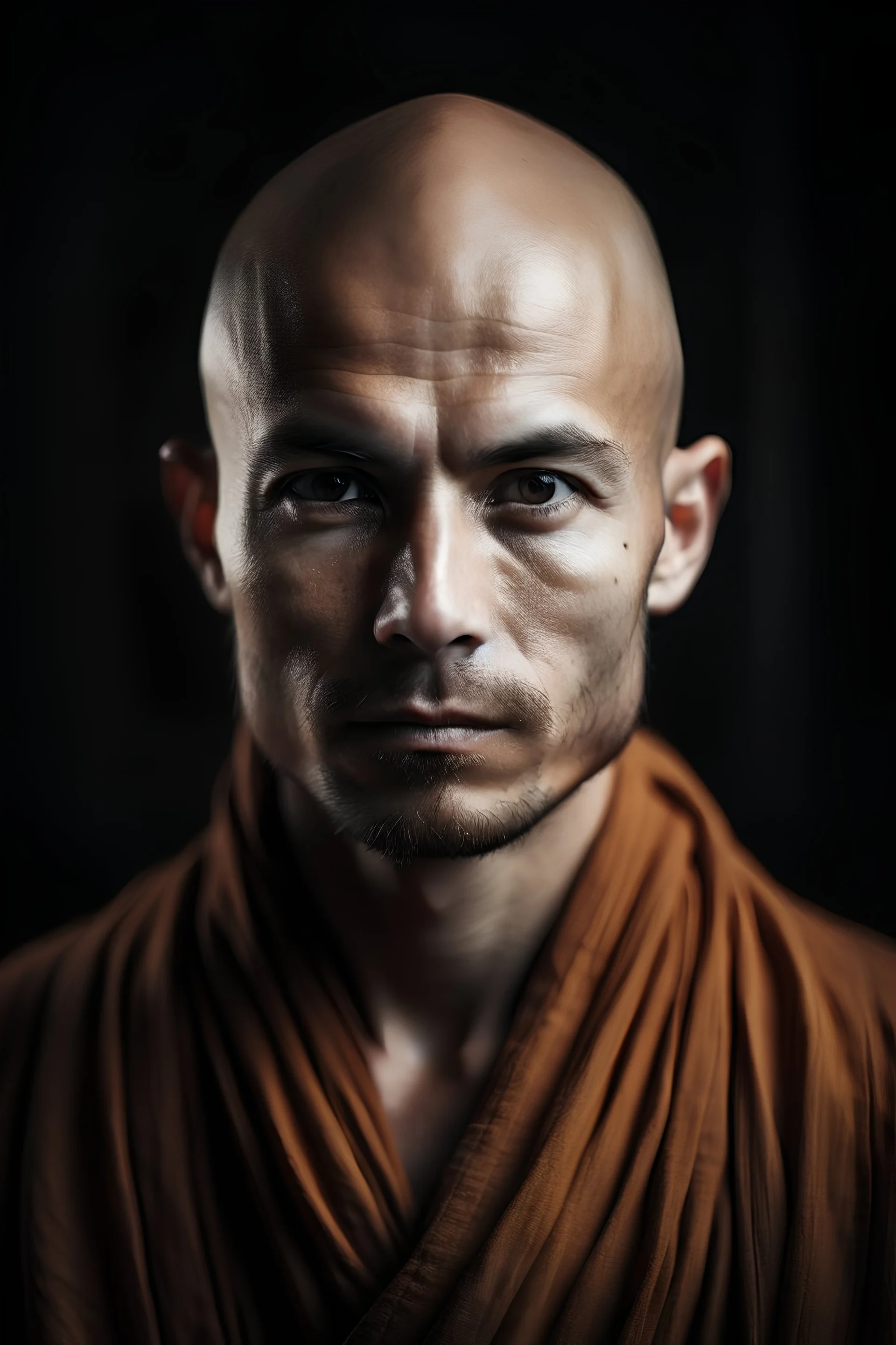 30 year old wise monk looking straight to the camera