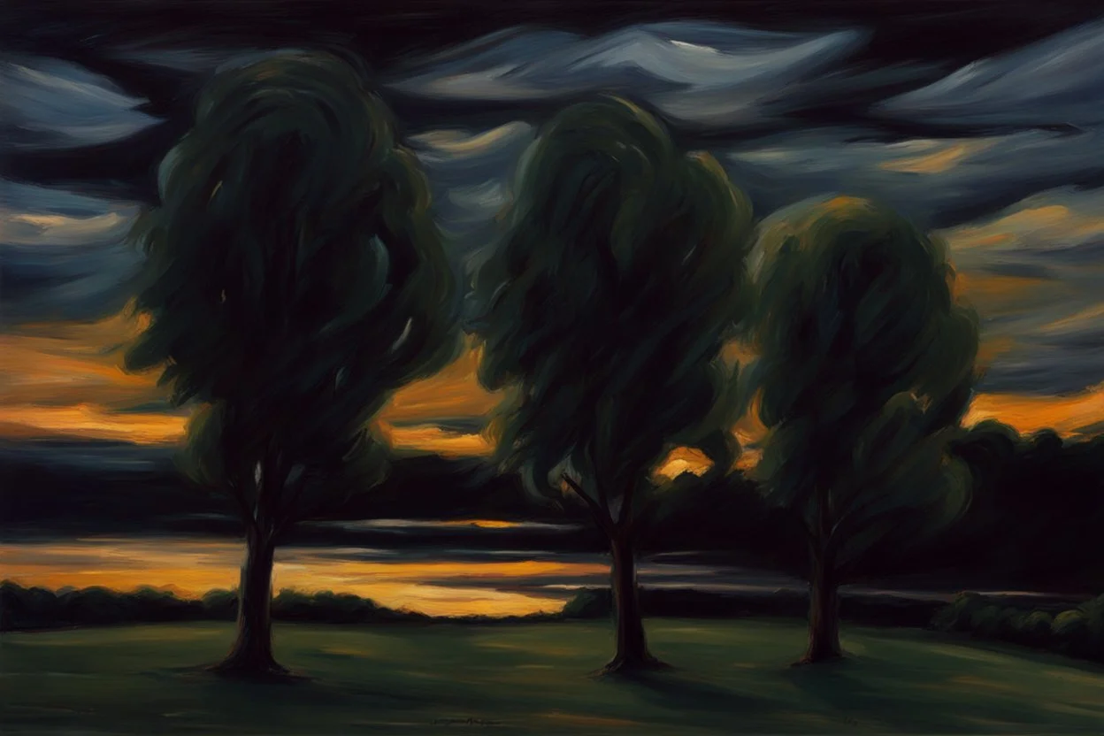 Trees, night, clouds, 2000's sci-fi movies influence, max liebermann impressionism painting