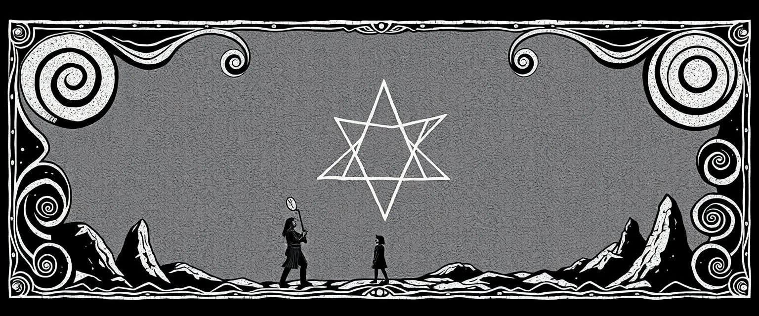 stone age pinball , black swirly border with sacred geometry, characters drawn in front of border,