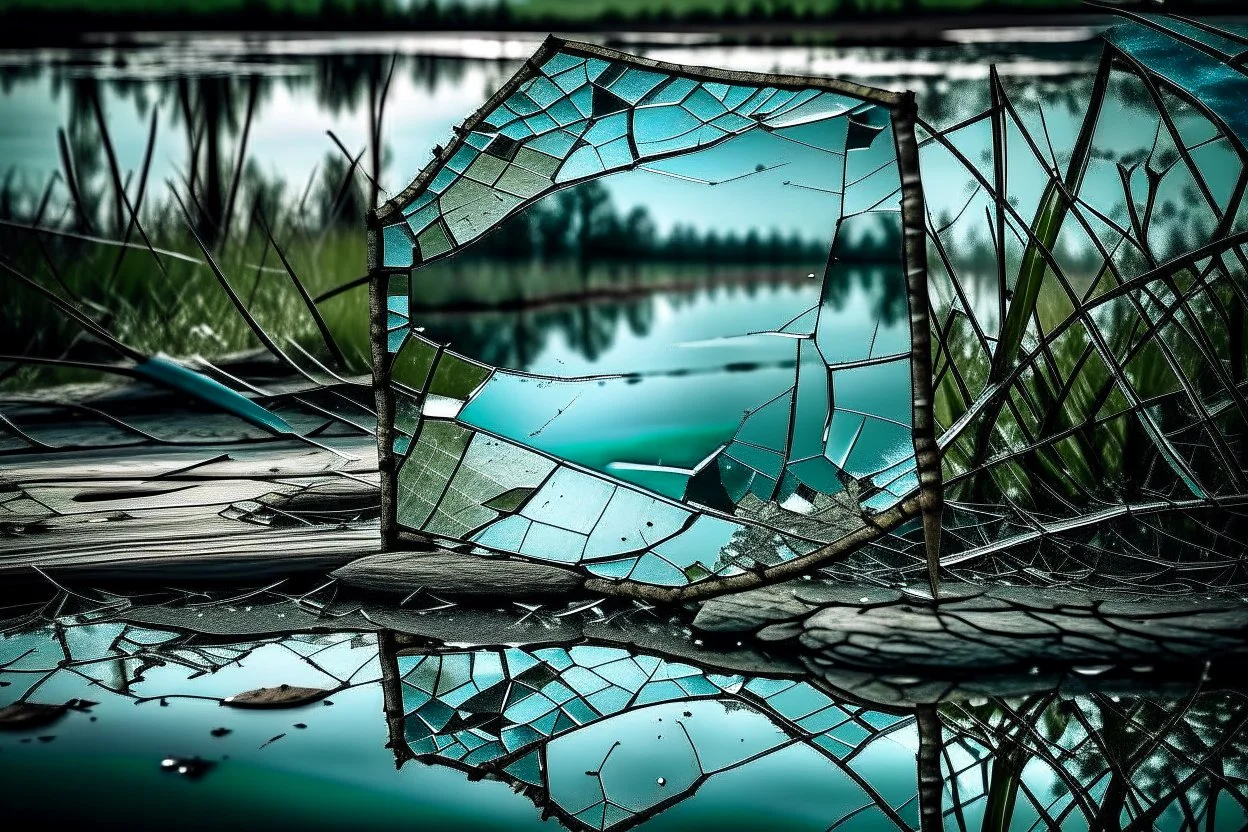 A broken piece of glass old vintage mirror, reflecting its surroundings on the water's surface. The damaged glass creates an interesting visual effect and captures the attention of the viewer, dramatic , weird, thriller, high detalied, realistic