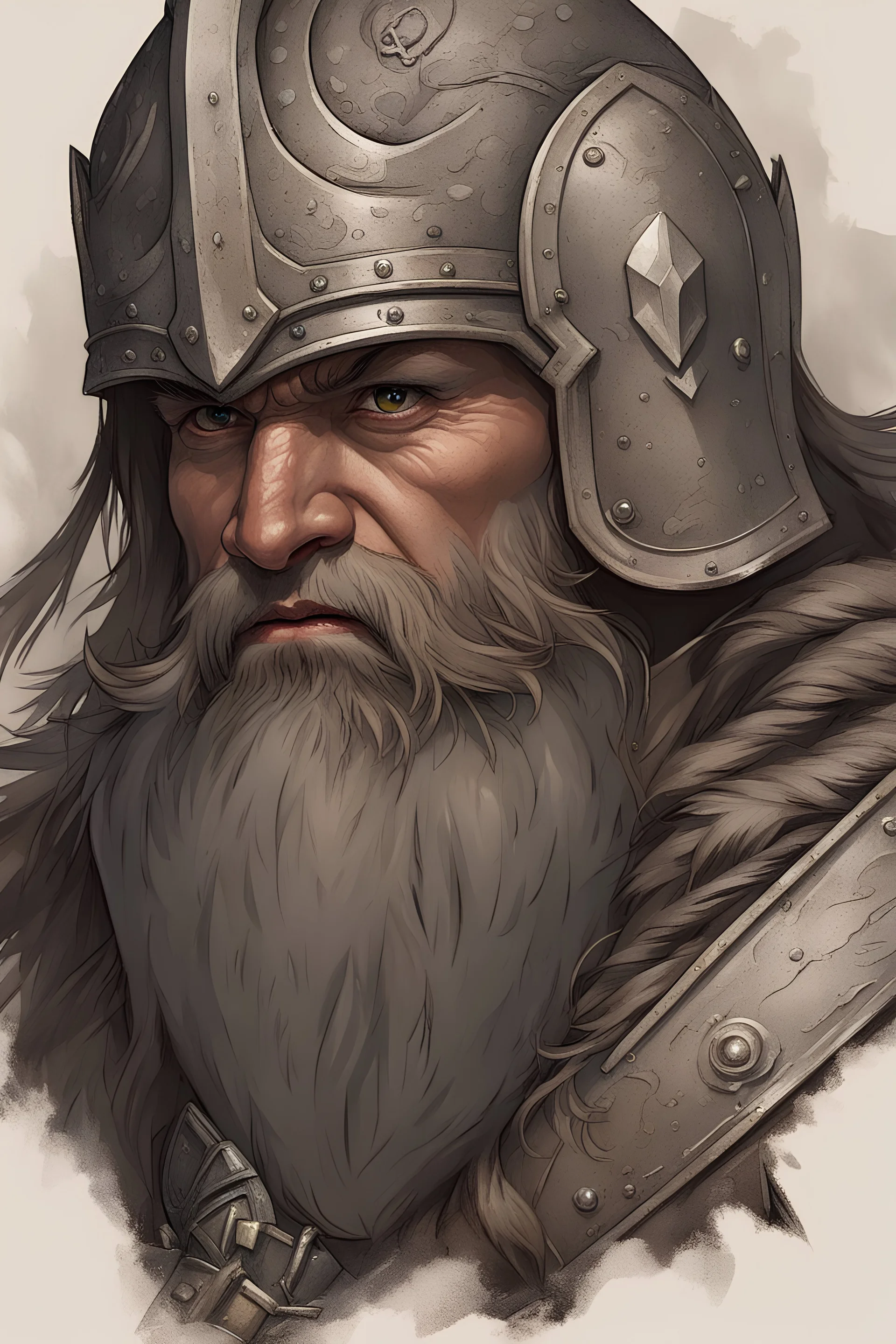 Dungeons and Dragons portrait of the face of a dwarven barbarian with silver armor and a warhammer