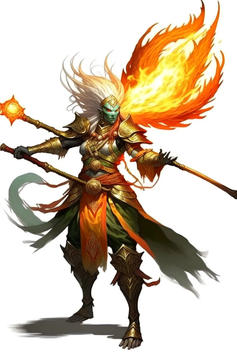 Air genasi from dnd with ashesen skin and asian flowing hair on head holding a Flaming spear in Monk attire with Fire giant symbolism more ash less fire