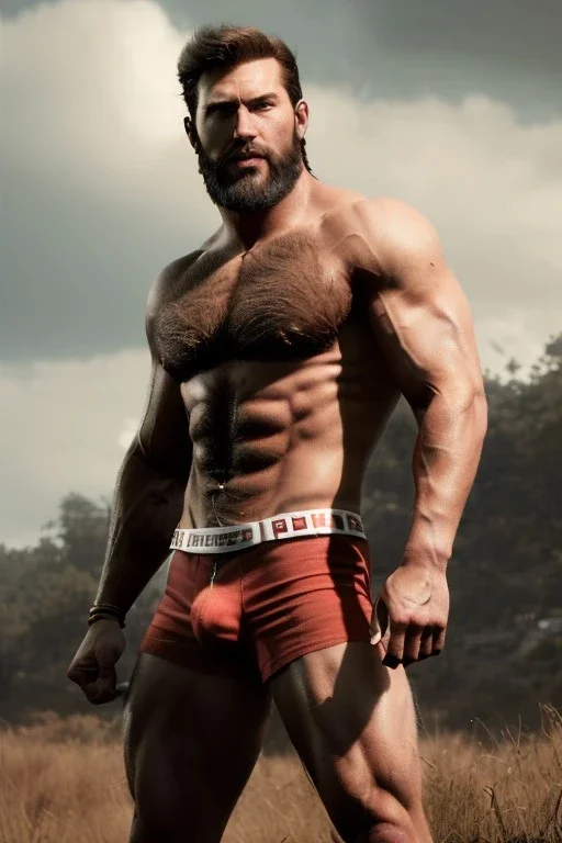 Ignore NSFW, teenager young rugged attractive slightly muscular fantastic handsome man, red briefs with yellow belt, hairy chest, (((visibly pisssing))) briefs, large erect visible boner peniss, photorealistic, artist Jay Anacleto, soft lighting, scruffy beard