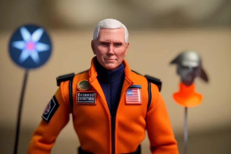 Mike pence G.i. joe toy doll space force uniform inside a blister package hanging on A rack in toystore, fluorescent orange, wide angle shot whole body, black moonboots, Green pricetag, holding space helmet under arm, whole body shot