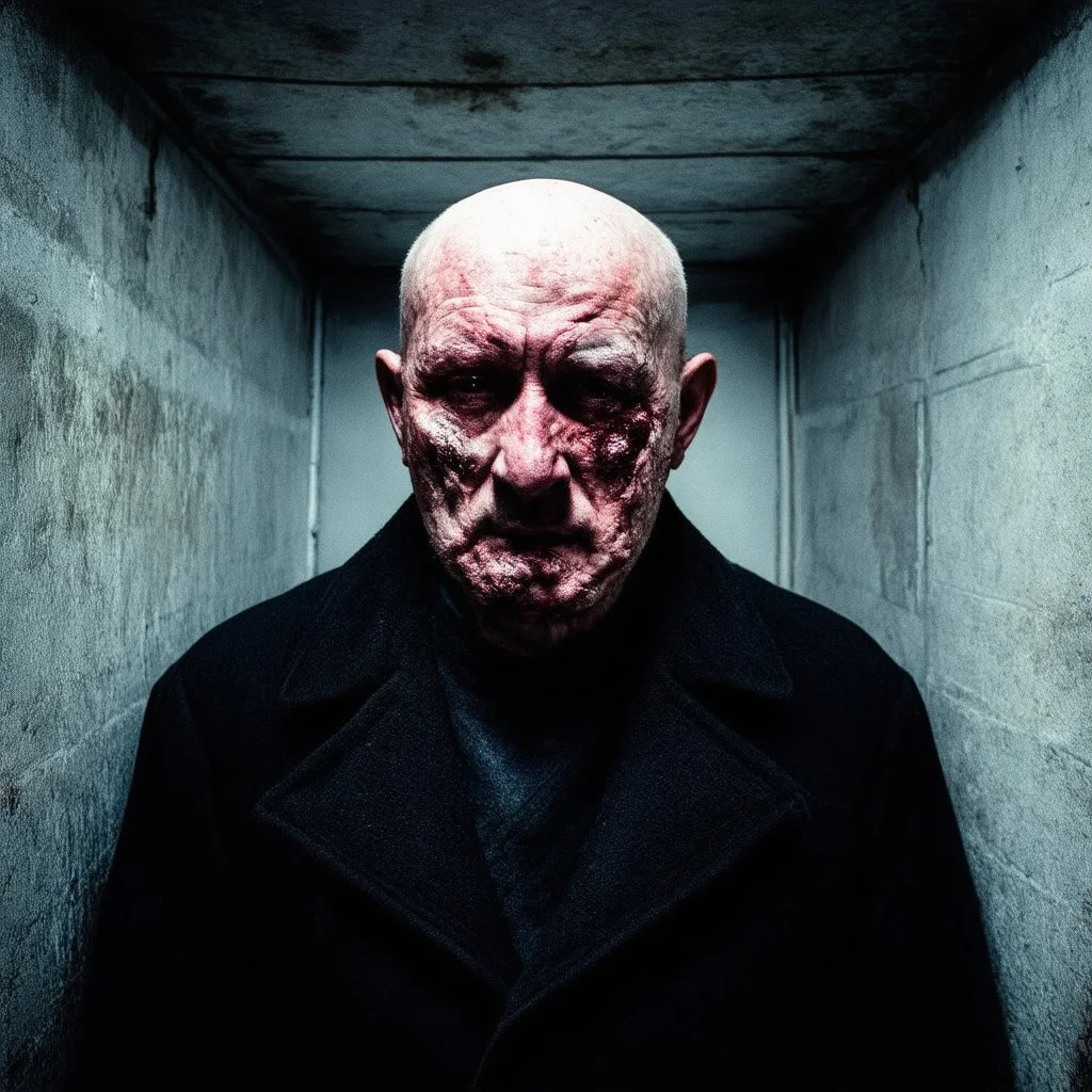 very grainy discolored photo, portrait, dark sewer with no light, grunge, 2000s Russia, punk, outcast, rough, confident, bald older male wearing a coat, extremely pale skin, large flesh bulbs grow out of his face and covering a lot of it, face is disproportionally deformed, hunchback, sewer dweller