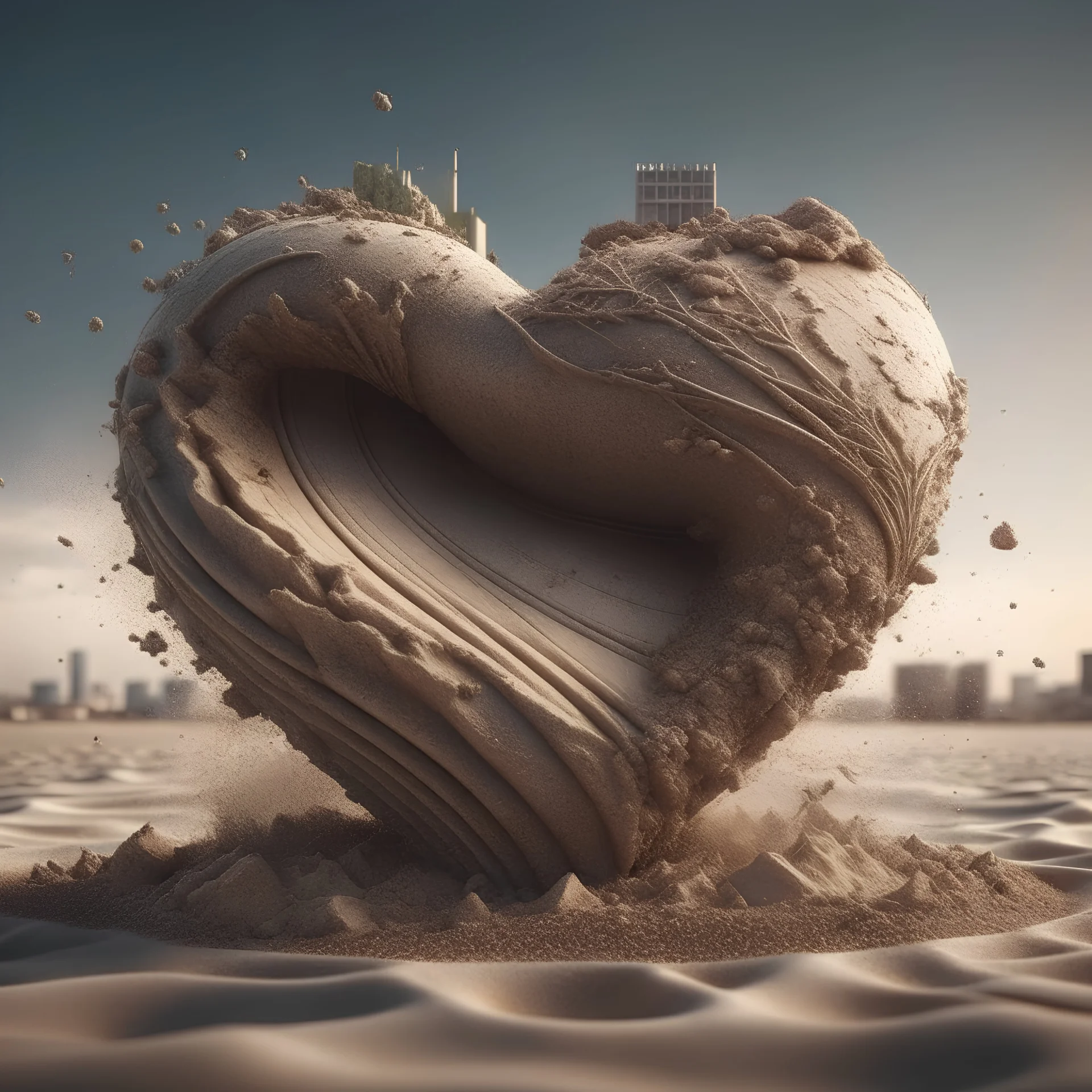 photoreal gorgeous heart in the shape of a city made from sand splash sculpture by lee jeffries, 8k, high detail, smooth render, unreal engine 5, cinema 4d, HDR, dust effect, vivid colors