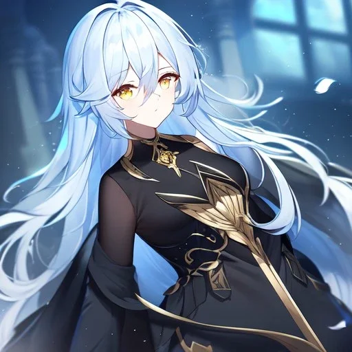 Clear focus, High resolution, Long light blue fluffy hair, hair between eyes, yellow eyes, wearing black fabric shorts, detailed outfit, blue and black outfit, gold accessory