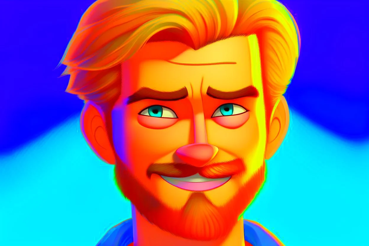 Happy Andrew Garfield with a beard and blue eyes in Pixar style