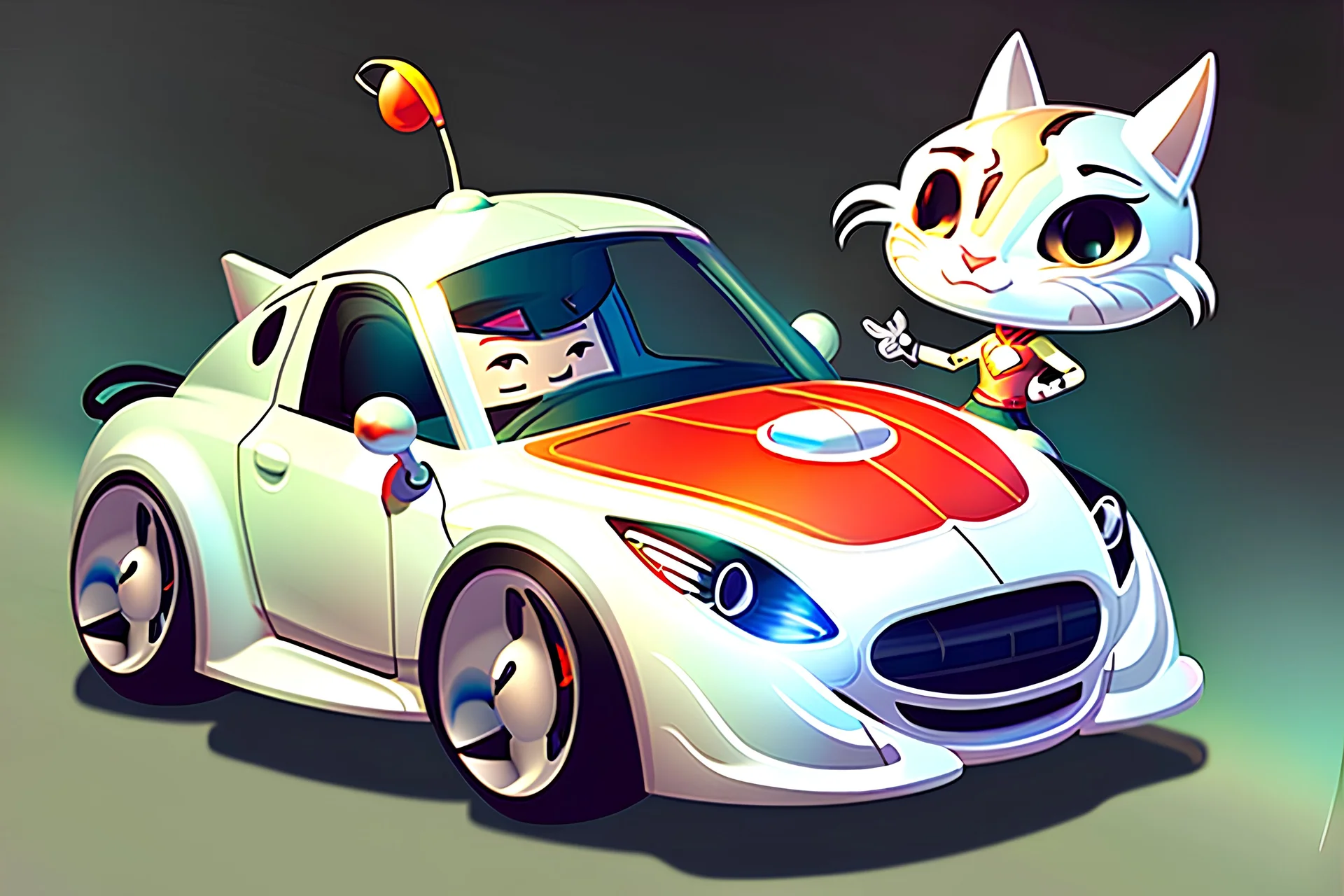 whimsical cartoony sports car, with a small mascot character with a racing helmet on driving it, celshaded comic style, happy atmosphere