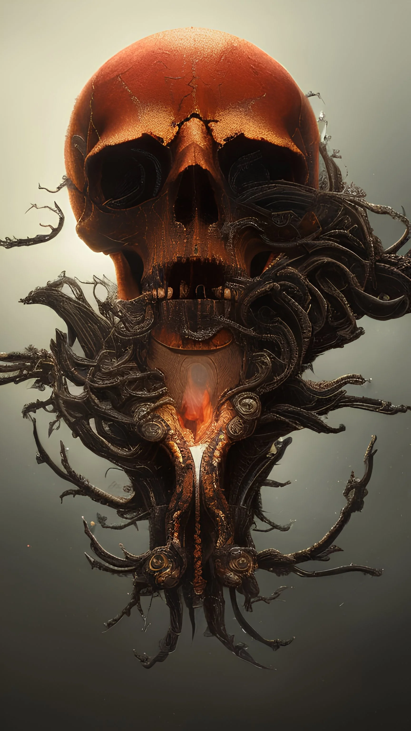 A beautiful highly detailed ornate intricate portrait of a flaming demon skull made of shiny obsidian glass :: reflective, glassy :: subtractive lighting, backlit :: by John William Waterhouse, Greg Rutkowski, HR Giger :: hyperrealistic, hyper detailed, photorealistic :: epic, incredible composition, amazing depth, meticulously composed, 16k resolution concept art :: fantasy magazine cover art