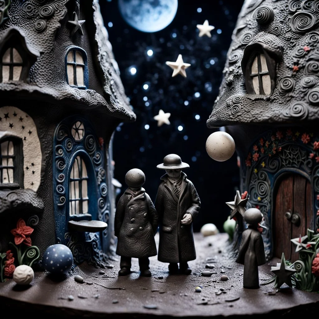 Detailed people, creepy street made of modeling clay, naïve, xix, khsh77, village, stars and planets, splimapys, sun, splops, volumetric light flowers, naïve, Tim Burton, strong texture, 99mm, orero dream, extreme detail, 2.8, Max Ernst, decal, rich moody colors, sparkles, Harry Potter, bokeh, odd