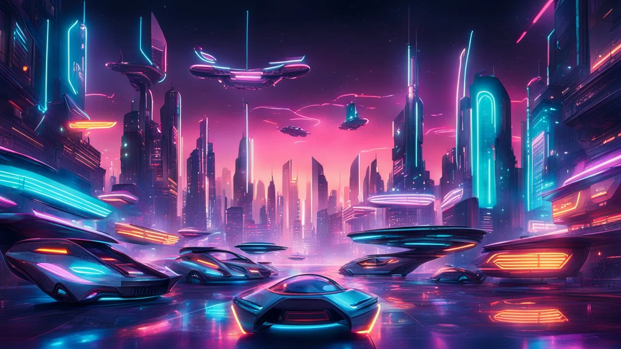 A futuristic cityscape at night with neon lights and flying cars.