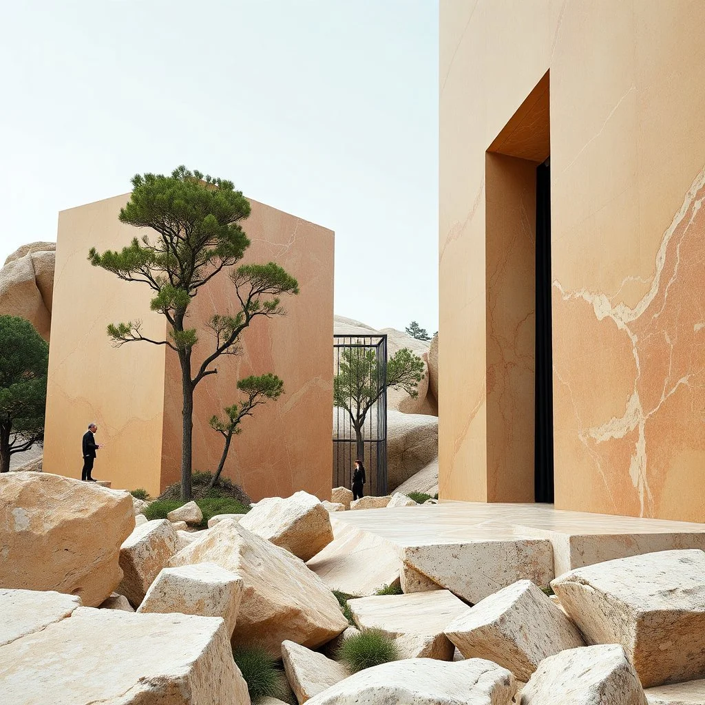 Un'immagine di un paesaggio naturale con marmi gialli e rossi pastello imponenti accanto a strutture artificiali verticali e alberi. Queste strutture sono blocchi rettangolari riflettenti che creano un contrasto tra il naturale e l'artificiale. Gabbia brutalista si erge solitaria. Persona osserva. Venature e solchi. Colata di calcina scura. Tenda nera scende a terra. La scena trasmette un senso di sospensione e dialogo tra elementi organici. Dettagli delle rocce molto accentuati