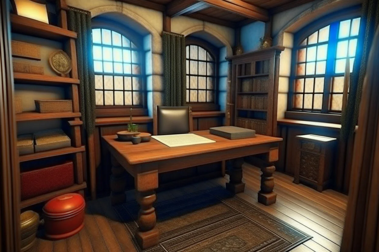 Fantasy medieval study room with desk front view