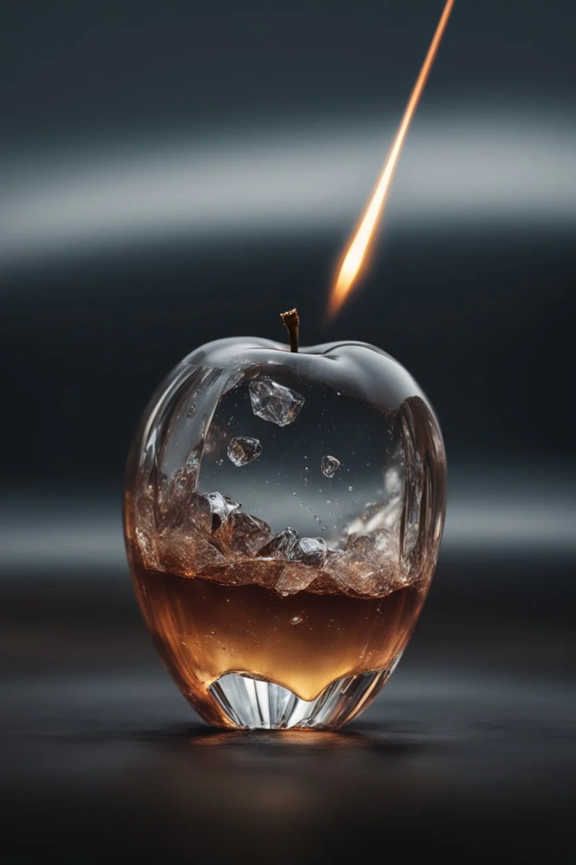 A hyper-realistic,Show a bullet passing through and shattering a crystal apple , dynamic camera angle, Photo Real, HOF, full size, practicality,manufacturability,performance, (((realism, realistic, realphoto, photography, portrait, realistic, elegant, charming, apocalyptic environment, professional photographer, captured with professional DSLR camera, trending on Artstation, 64k, ultra detailed, ultra accurate detailed, bokeh lighting, surrealism, Thomas Kinkade background, intricate, epic,