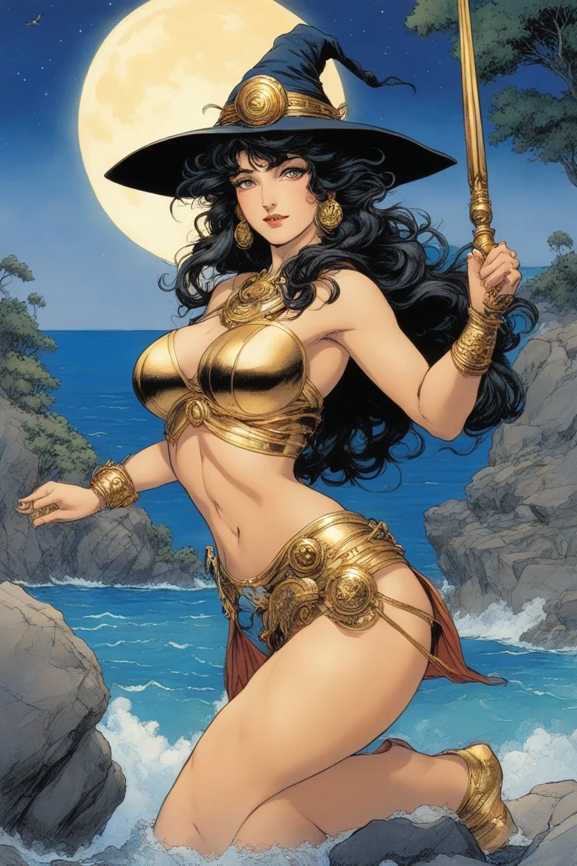 (in the style of Orion, by Masamune Shirow) Circe Odysseus' witch points the camera to say "thank you", she smiles on a rock of her island