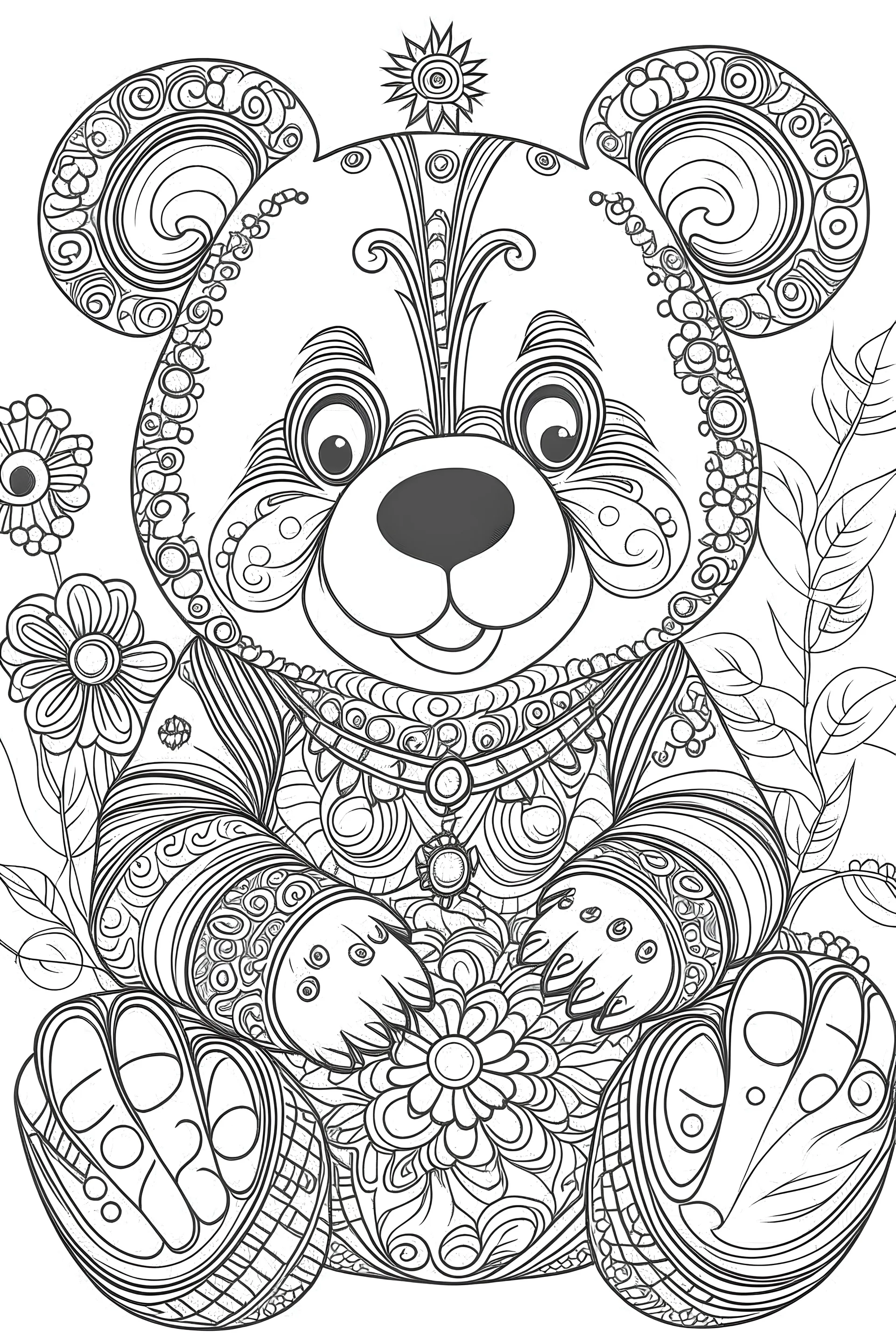 Outline art for coloring page, HIPPIE HAPPY TEDDY BEAR, coloring page, white background, Sketch style, only use outline, clean line art, white background, no shadows, no shading, no color, clear