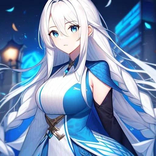 girl, masterpiece, best quality, volumetric lighting, detailed outfit, perfect eyes, white hair, blue eyes, long hair, braided ponytail,