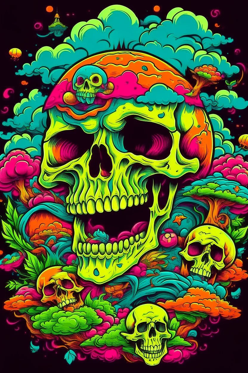Psychedelic monkey skull looking high and grinning, surrounded by clouds and overgrown with psychedelic mushrooms. Birds flying around the skull. Digital drawing. Colorful. t-shirt design. Cartoon. Digital cartoon. Mid detailed. Super happy. Cheerful. Light hearted. Colorful. Vibrant colours.