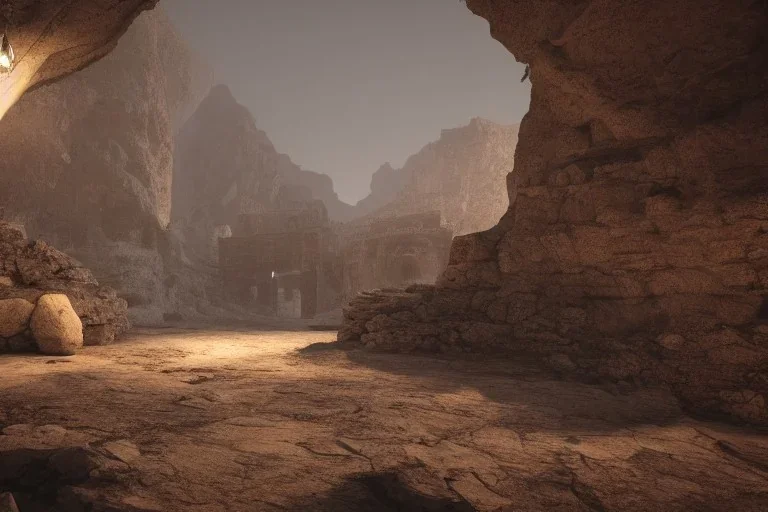 full landscape, ancient city, in cave, atmospheric, realistic, unreal engine, cinematic lighting, octane render.