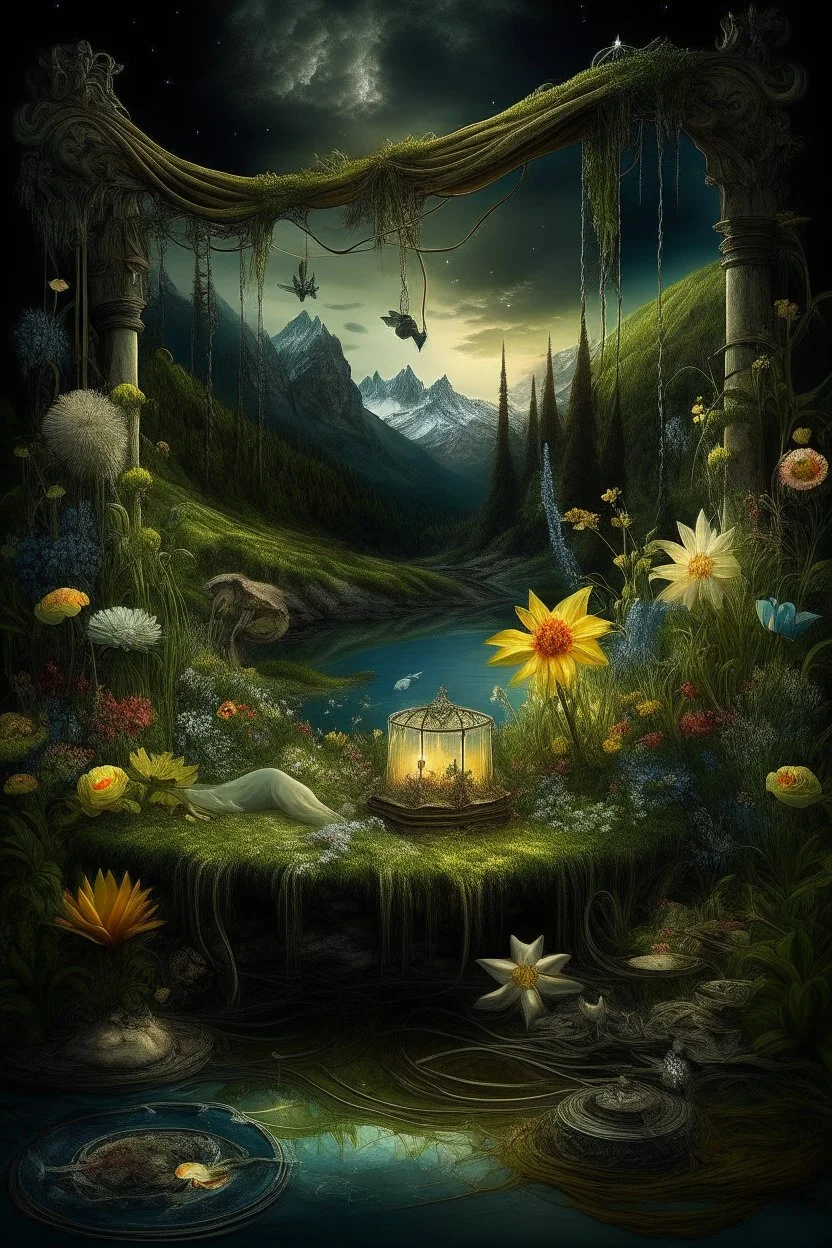 Hyperrealism against the background of a spring landscape in the forest +mirror with a tsunami whirlpool +mountains +ritual +candles+dried flowers+wildflowers+moss++decoupage of flowers+embroidery technique+braided beads+vine+moonlit night,fabulous landscape,surrealism,realism,naturalism,dot technique,microdetalization,high detail objects,digital illustration,volumetric clarity,dark fantasy,dark botanical, professional photo