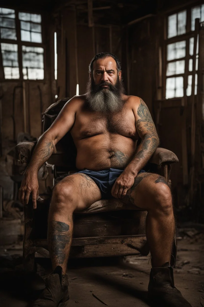 full figure shot photography of a 43-year-old turkish heavyset tattoo very hairy sweaty worker sitting spread-legged in an old armchair inside a construction site shed, dressed in shorts, shirtless, stubble, big manly legs, serious eyes, midnight, dim neon lights illuminating and shine on the beards of sweat that fill his large chest, photorealistic , ambient occlusion