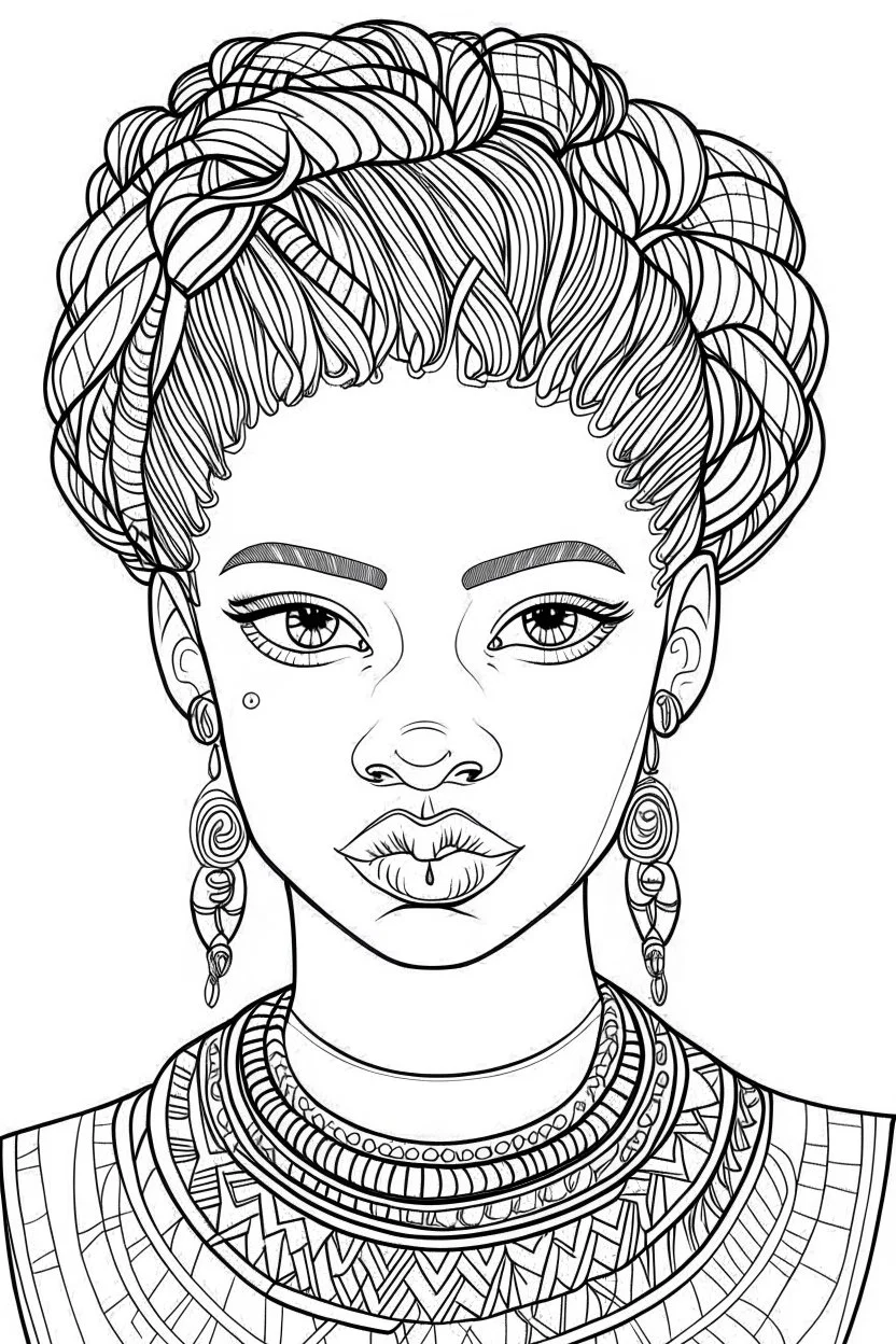 african girl face coloring page with beautiful hairstyle