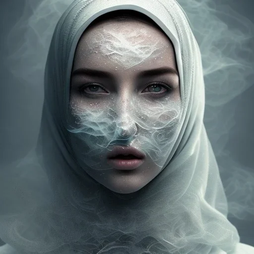 clouds of fog as woman's face, dissolving, disintegrating, smokey, foggy, wearing hijab, fine detail, highly intricate, ghostly, modern surrealism painting, high-quality, volumetric lighting, 8k, ultrahd, George Grie, Marco Escobedo, Igor Morski,Brian Froud, Howard Lyon, Selina French,