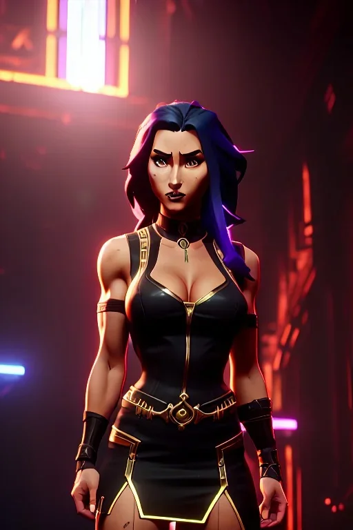 j.scott campbell, serena from mortal kombat, full head to toe portrait, lathe build, wearing black and red mini skirt, thigh high boots and crop top, big eyes, 3/4 look, long black hair with red streak, small up turned nose, large breasts, small waist, round butt, standing, dark cobblestone alley, one halo white light behind head, non photorealistic rendering