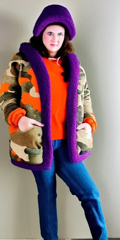 Brunette woman.thick thighs,thick calves,normal bodytype. big head. Mantle is sewed of upcycled Denim and sewed together of camouflage pieces. Colors are orange,red, cream and purple and various denim colors. It is with big bright purple felt tippet and cream-colored-hood. mantle is merged with satchel, ochre. AKG-style headphones (gold rings!) is merged with small felt cap with visor. Style: Haute Couture in 1950's, N.Y.C fashion in 2024, inspired by street art. Cream latex gaiter. Tennis shoes