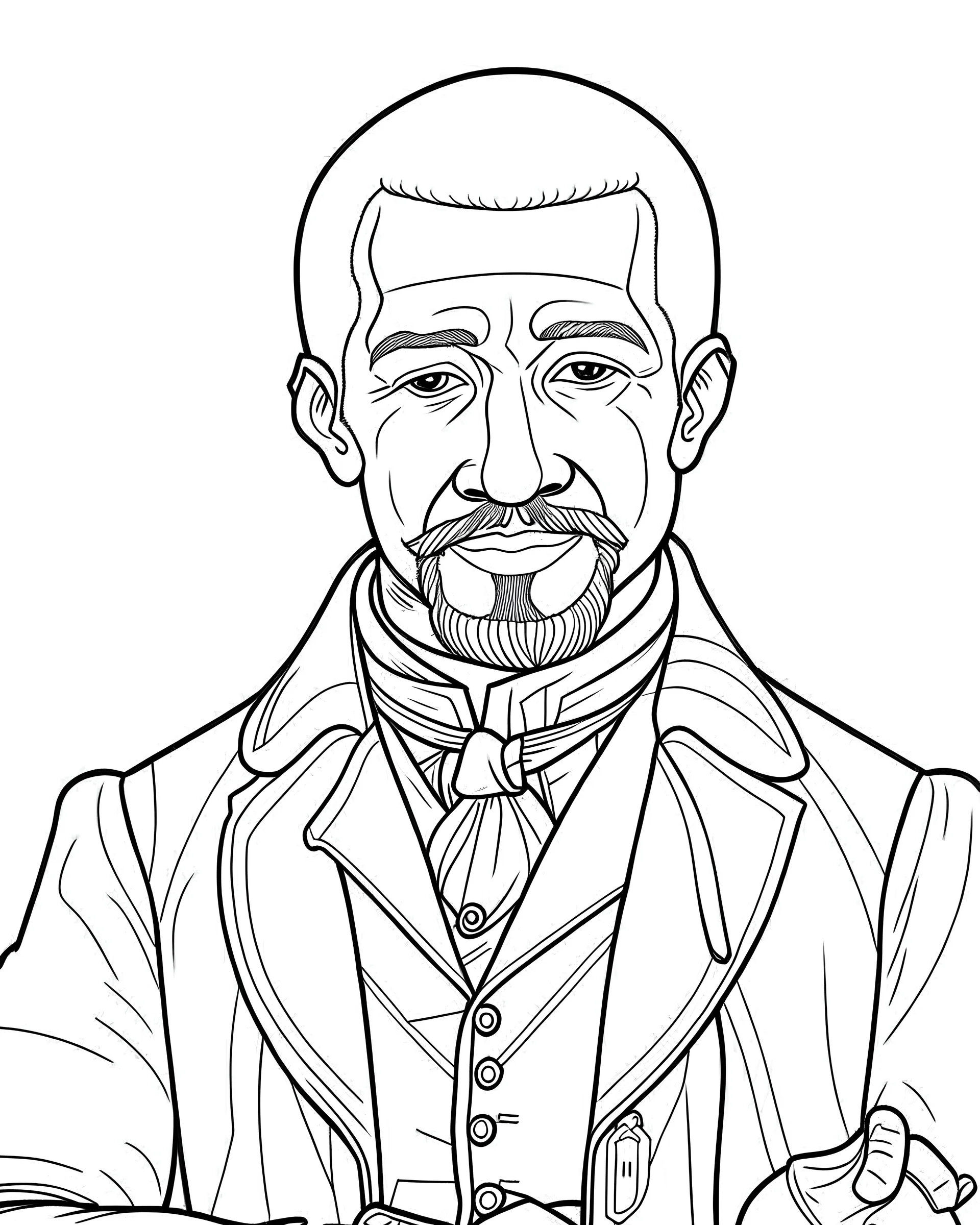 George Washington carver, b&w line art style fashion, preppy style, simple line art, one line, line art, line drawing style, white background, picture, coloring book style on white background, well composed, clean coloring book page, No dither, no gradient, strong outline, No fill, No solids, vector illustration, –ar 9:11 –v 5