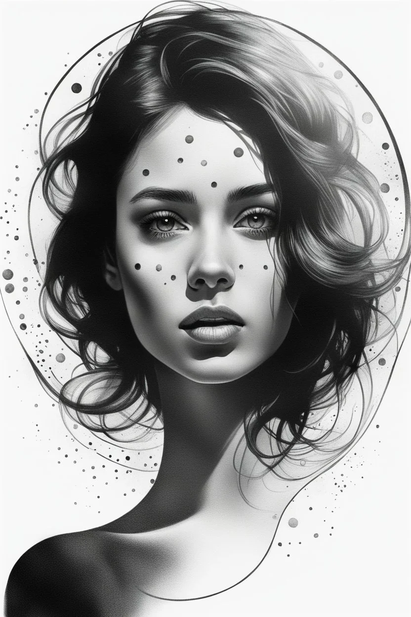 A realistic drawing in negative space black ink on white background of a beautiful girl with circles enhance her face max enrist