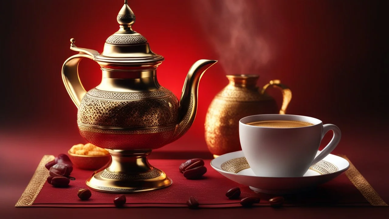 Arabian coffee with golden dallah on a dark red background, still life of Arabic traditional coffee pot or Dallah of ramadan served with saudi sweet dates, beautiful intricate insanely detailed octane render, bokeh, trending on artstation, soft natural volumetric cinematic perfect light, chiaroscuro, award-winning photograph, masterpiece, 8k artistic photography, photorealistic concept art